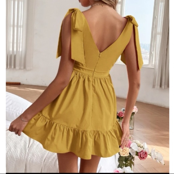 Boho tie shoulder ruffle hem dress yellow mustard - Picture 10 of 10
